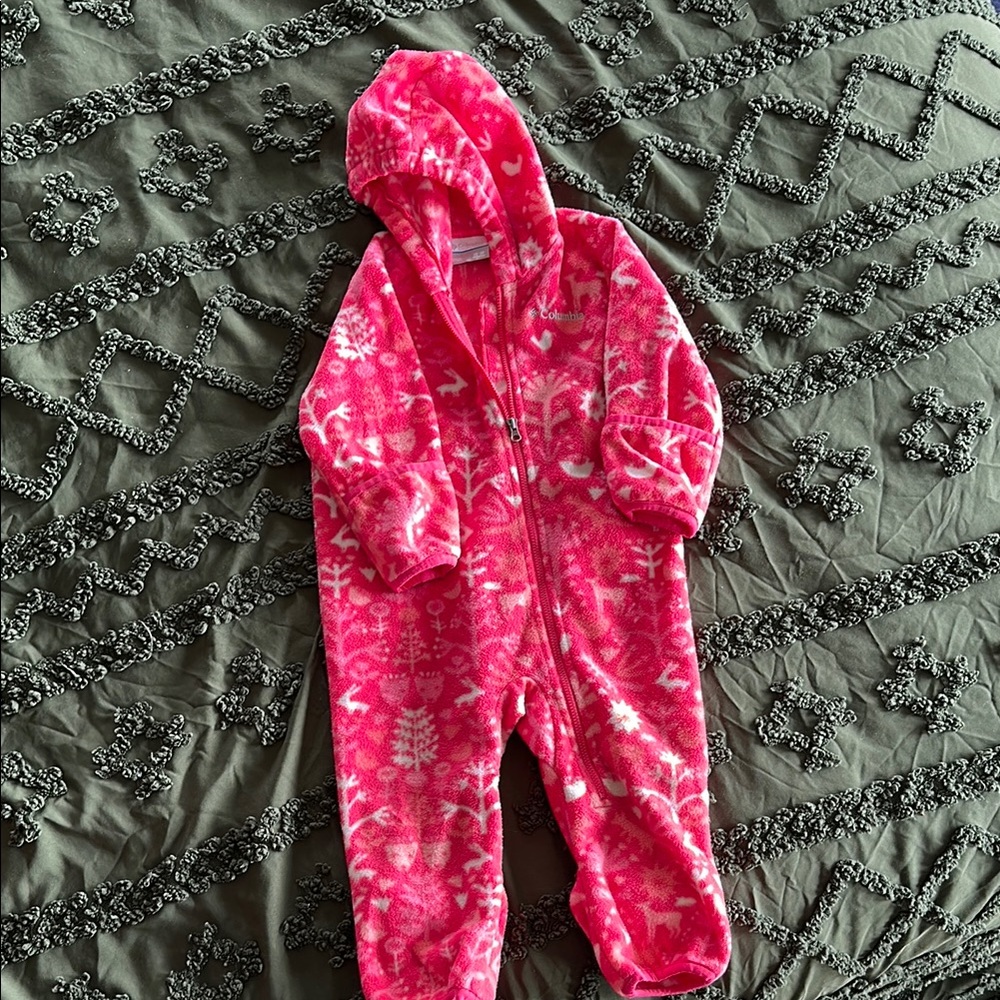 Colombia Pink Hooded Baby Onesie with Woodsy Pattern